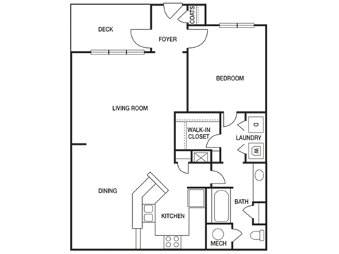 Floor plan for 1 bed, 1 bath, 899 sqft