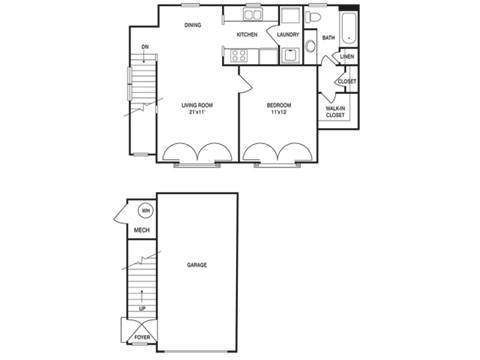 Floor plan for 1 bed, 1 bath, 774 sqft