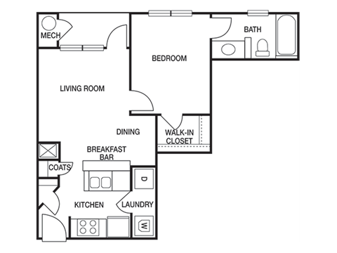 Floor plan for 1 bed, 1 bath, 569 sqft