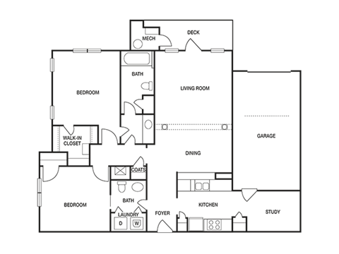 Floor plan for 2 beds, 1.5 baths, 1115 sqft