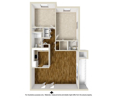 Floor plan for 2 beds, 1.5 baths, 1069 sqft