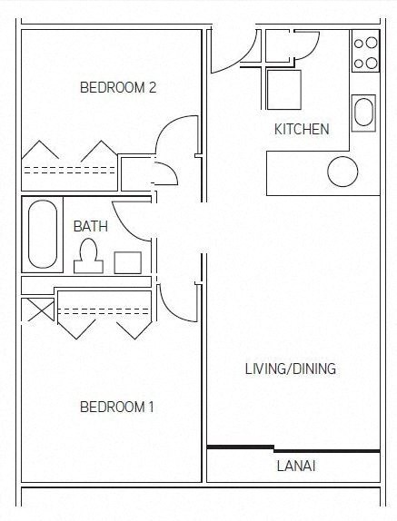 Floor plan for 2 beds, 1 bath, 660 sqft