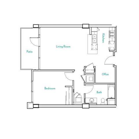 Floor plan for 1 bed, 1 bath, 758 sqft