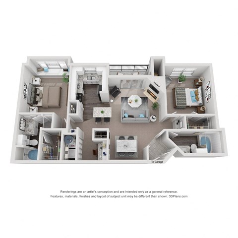 Floor plan for 2 beds, 2 baths, 1045 sqft
