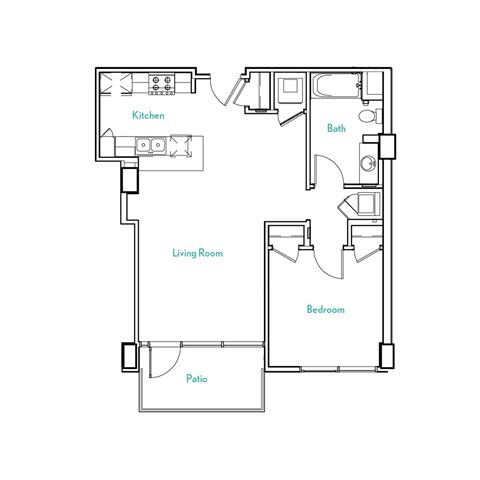 Floor plan for 1 bed, 1 bath, 756 sqft