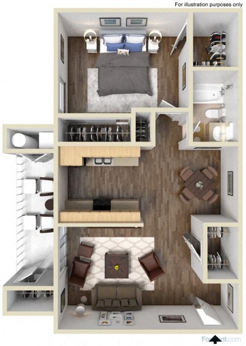 Floor plan for 1 bed, 1 bath, 740 sqft