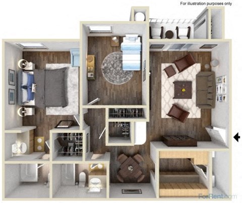 Floor plan for 2 beds, 2 baths, 1121 sqft