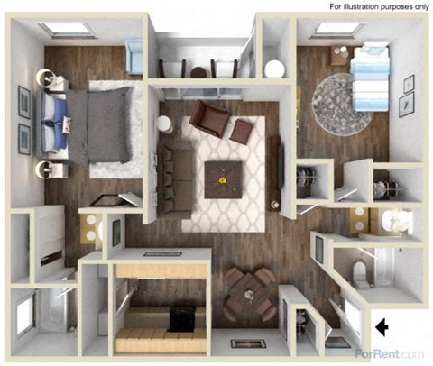 Floor plan for 2 beds, 2 baths, 960 sqft