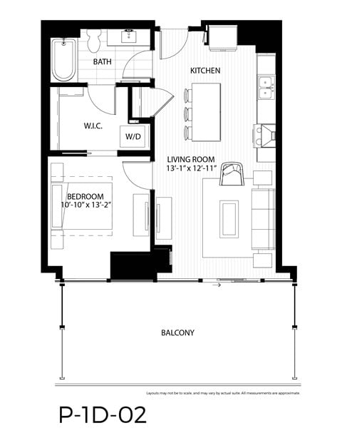 Floor plan for 1 bed, 1 bath, 707 sqft
