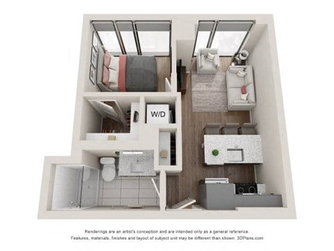 Floor plan for 1 bed, 1 bath, 593 sqft