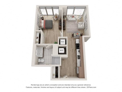 Floor plan for 1 bed, 1 bath, 521 sqft