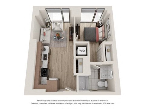Floor plan for 1 bed, 1 bath, 539 sqft