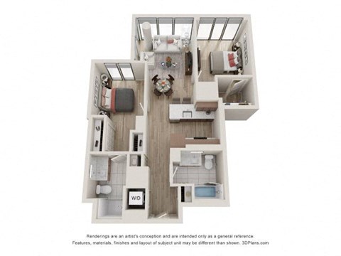 Floor plan for 2 beds, 2 baths, 836 sqft