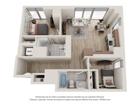 Floor plan for 2 beds, 2 baths, 857 sqft