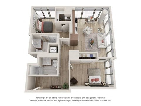 Floor plan for 2 beds, 2 baths, 872 sqft