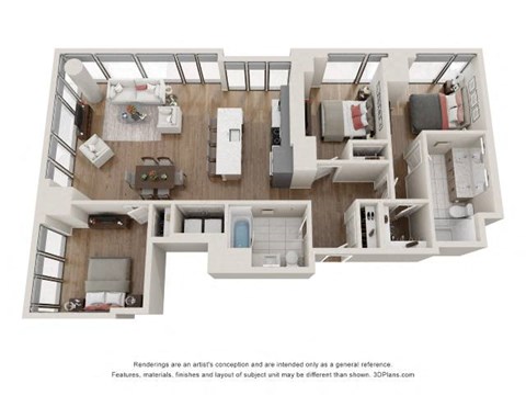 Floor plan for 3 beds, 2 baths, 1324 sqft