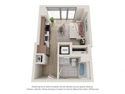 Floor plan for studio, 1 bath, 391 sqft