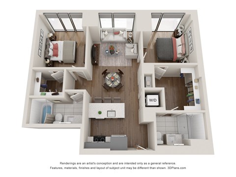 Floor plan for 2 beds, 2 baths, 894 sqft