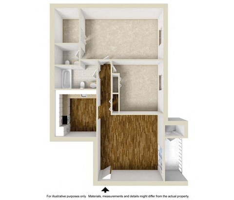 Floor plan for 2 beds, 1.5 baths, 1007 sqft