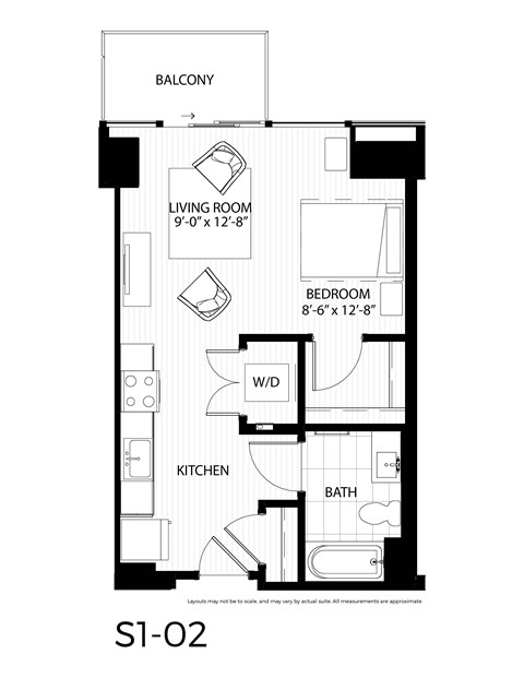 Floor plan for studio, 1 bath, 520 sqft