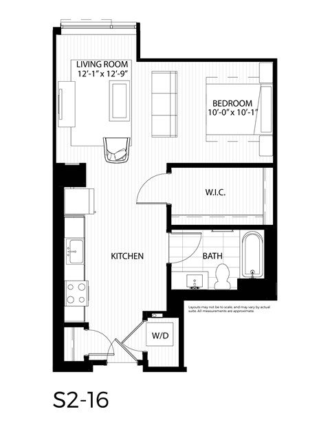 Floor plan for studio, 1 bath, 654 sqft