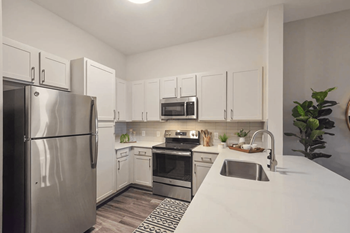 Modern style kitchen with stainless-steel appliances and ample cabinet space 