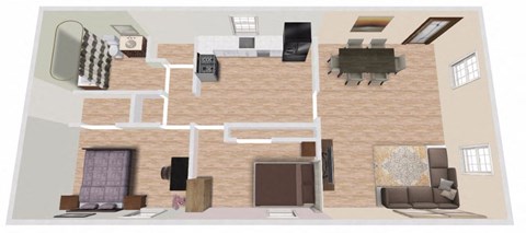 Floor plan for 2 beds, 1 bath, 715 sqft