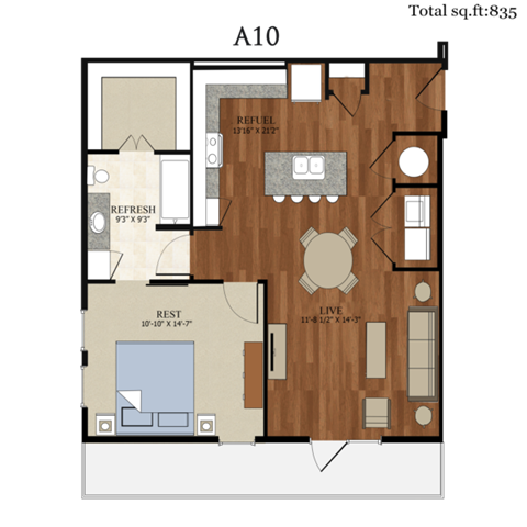 Floor plan for 1 bed, 1 bath, 835 sqft