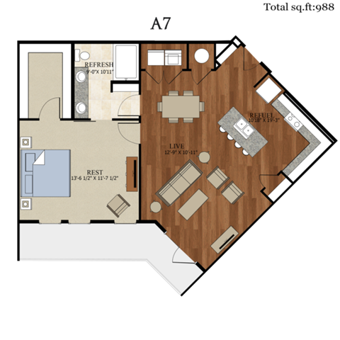 Floor plan for 1 bed, 1 bath, 988 sqft