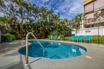 Swimming pool at a hotel with palm trees