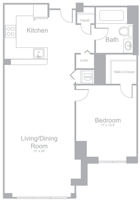Floor plan for 1 bed, 1 bath, 767 sqft