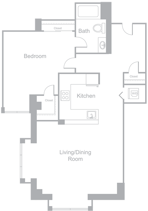 Floor plan for 1 bed, 1 bath, 955 sqft