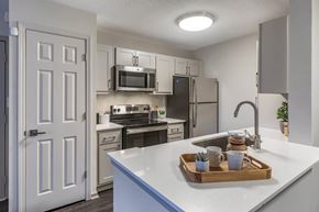 Roswell apartment for rent - a kitchen with stainless steel appliances and a white counter top at Roswell Village, Roswell, Georgia