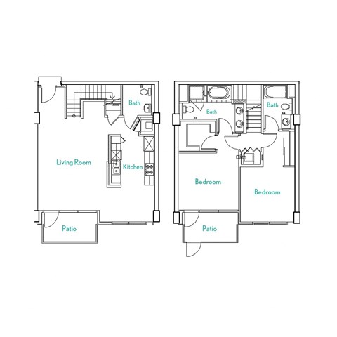 Floor plan for 2 beds, 2.5 baths, 1360 sqft