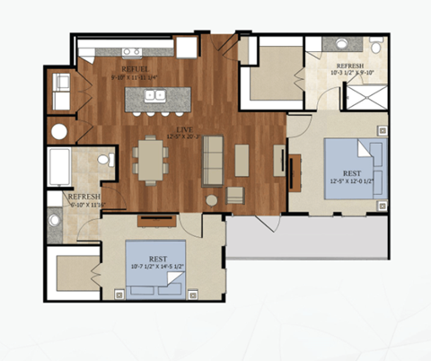 Floor plan for 2 beds, 2 baths, 1075 sqft