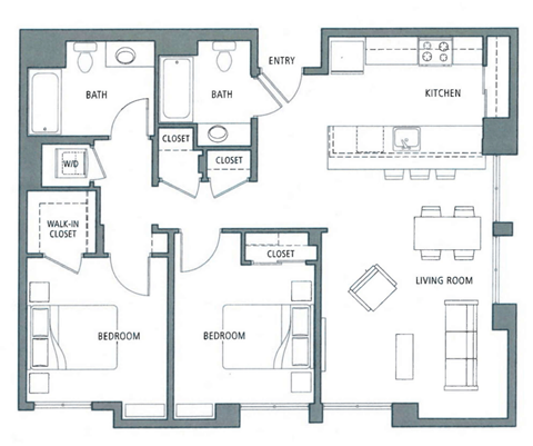 Floor plan for 2 beds, 2 baths, 1089 sqft