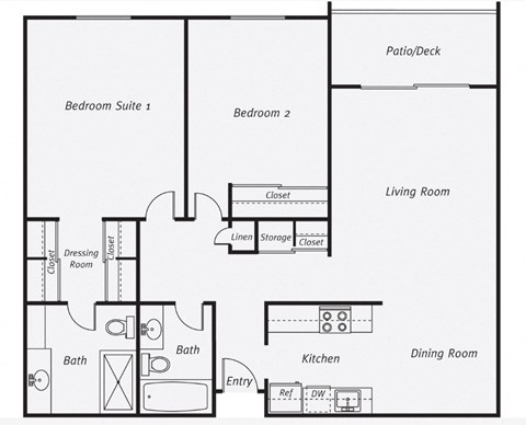 Floor plan for 2 beds, 2 baths, 995 sqft