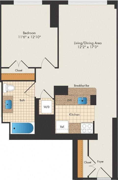 Floor plan for 1 bed, 1 bath, 748 sqft