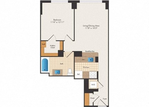 Floor plan for 1 bed, 1 bath, 752 sqft