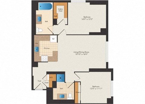 Floor plan for 2 beds, 2 baths, 1142 sqft