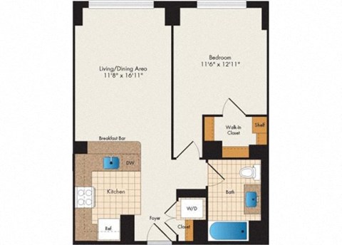 Floor plan for 1 bed, 1 bath, 711 sqft