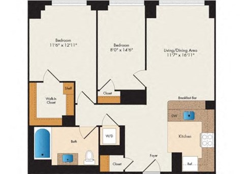 Floor plan for 2 beds, 1 bath, 949 sqft