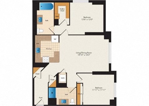 Floor plan for 2 beds, 2 baths, 1158 sqft