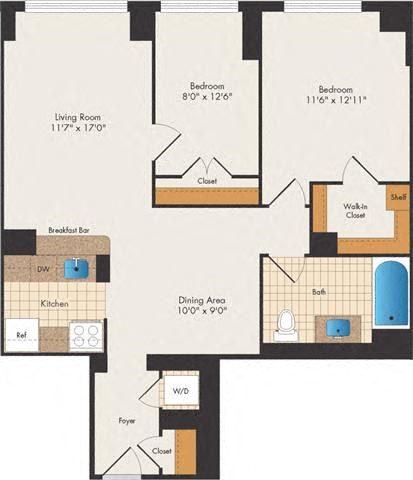 Floor plan for 2 beds, 1 bath, 966 sqft