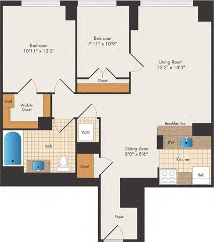 Floor plan for 2 beds, 1 bath, 946 sqft