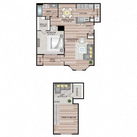 Floor plan for 1 bed, 1 bath, 987 sqft