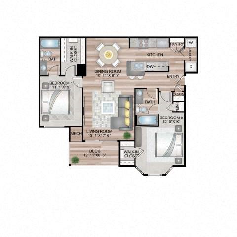 Floor plan for 2 beds, 2 baths, 1208 sqft