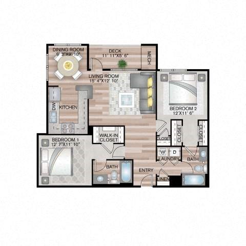 Floor plan for 2 beds, 2 baths, 1185 sqft