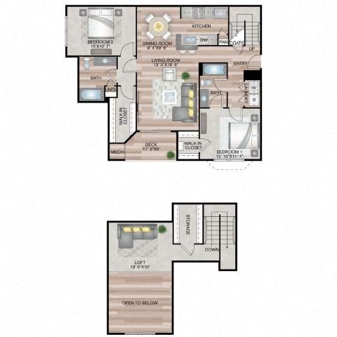 Floor plan for 2 beds, 2 baths, 1626 sqft