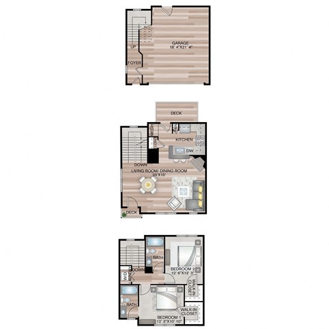 Floor plan for 2 beds, 2 baths, 1265 sqft